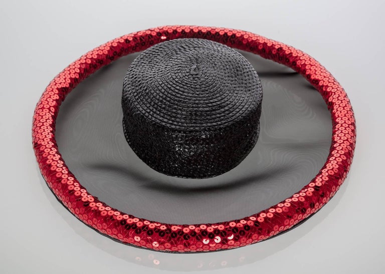 Yves Saint Laurent Couture Black Illusion Red Sequins Hat YSL, 1989