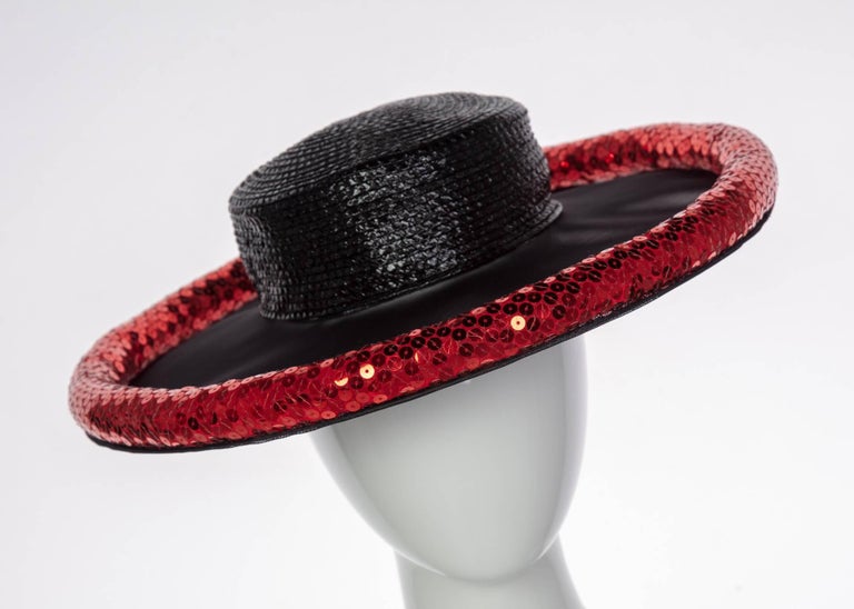 Yves Saint Laurent Couture Black Illusion Red Sequins Hat YSL, 1989