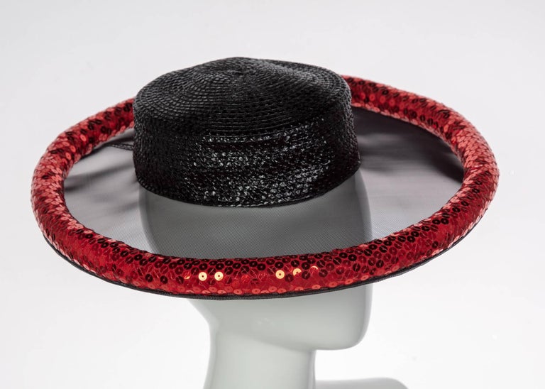 Yves Saint Laurent Couture Black Illusion Red Sequins Hat YSL, 1989