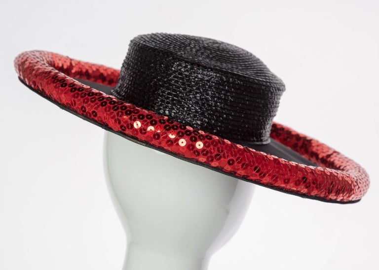 Yves Saint Laurent Couture Black Illusion Red Sequins Hat YSL, 1989
