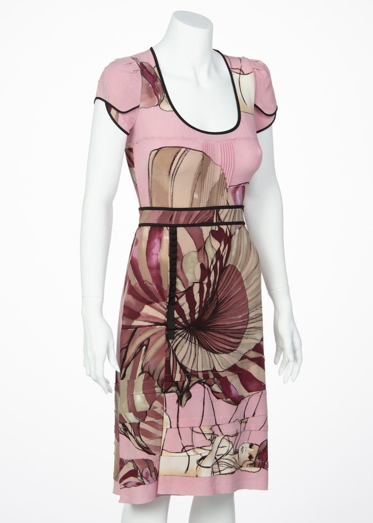 2008 Prada James Jean Fairy Collection Pink Print Silk Dress