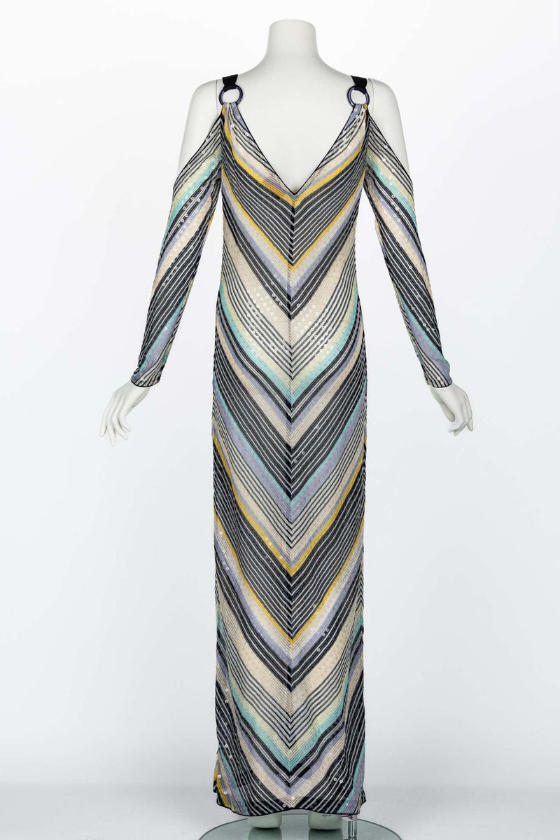 Missoni Vintage Sequin Chevron Open Shoulder Maxi Dress