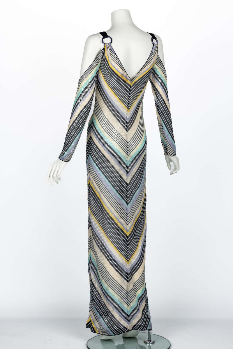 Missoni Vintage Sequin Chevron Open Shoulder Maxi Dress