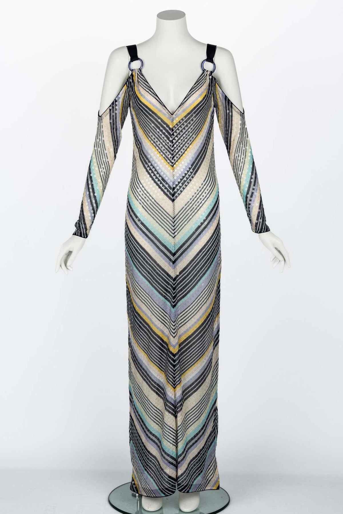 Missoni Vintage Sequin Chevron Open Shoulder Maxi Dress Basha Gold