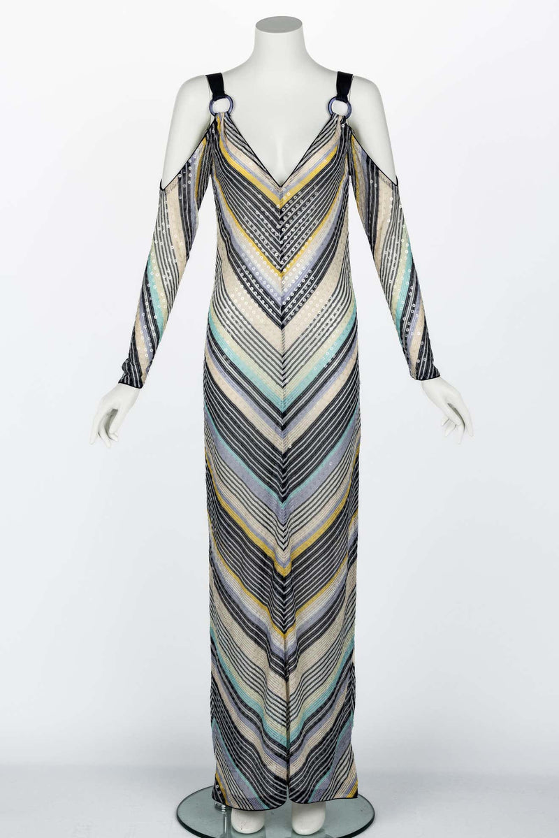 Missoni Vintage Sequin Chevron Open Shoulder Maxi Dress Basha Gold