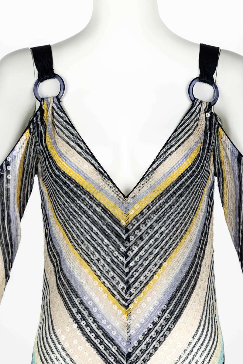 Missoni Vintage Sequin Chevron Open Shoulder Maxi Dress