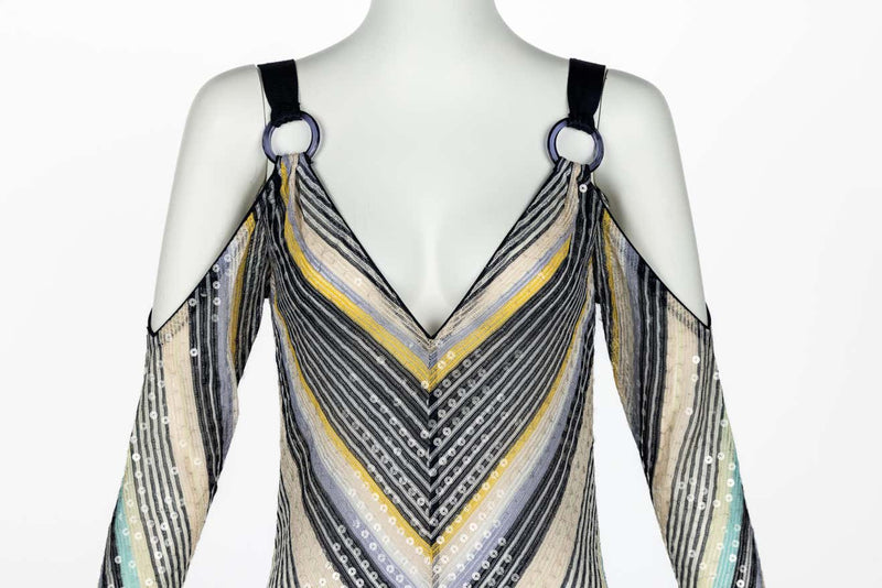 Missoni Vintage Sequin Chevron Open Shoulder Maxi Dress