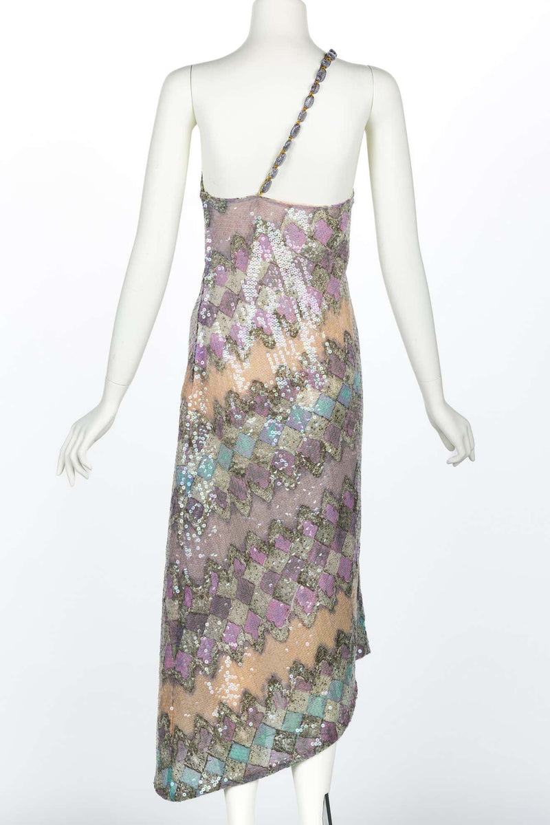 1970s Mary McFadden Beaded One Shoulder Pastel Sequin Dress