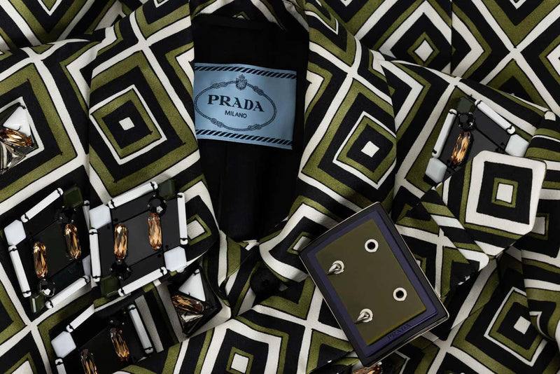 Prada F/W 2012 Geometric Print Crystal & Plexi Embellished Belted Jack –  Basha Gold