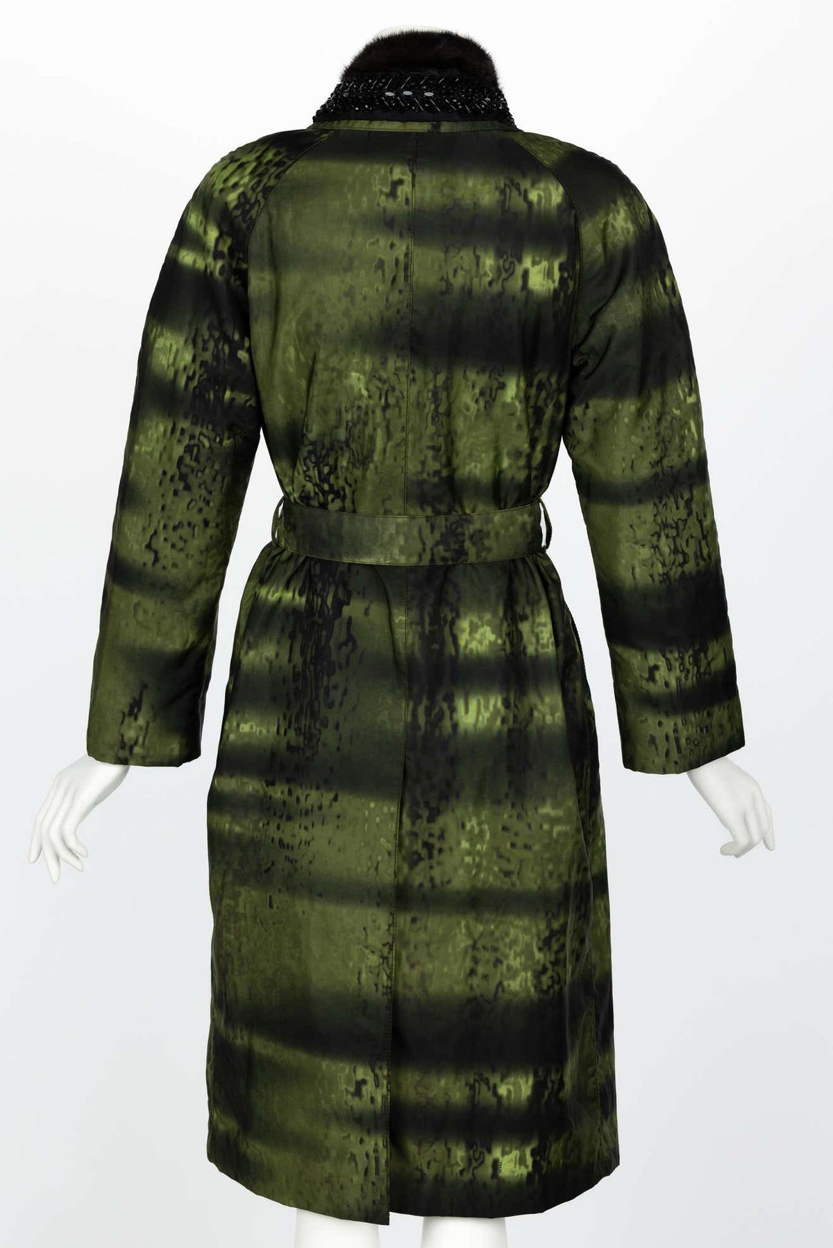 Prada F/W 2004 Runway Green Taffeta Mink Trim Crystal Belted Coat