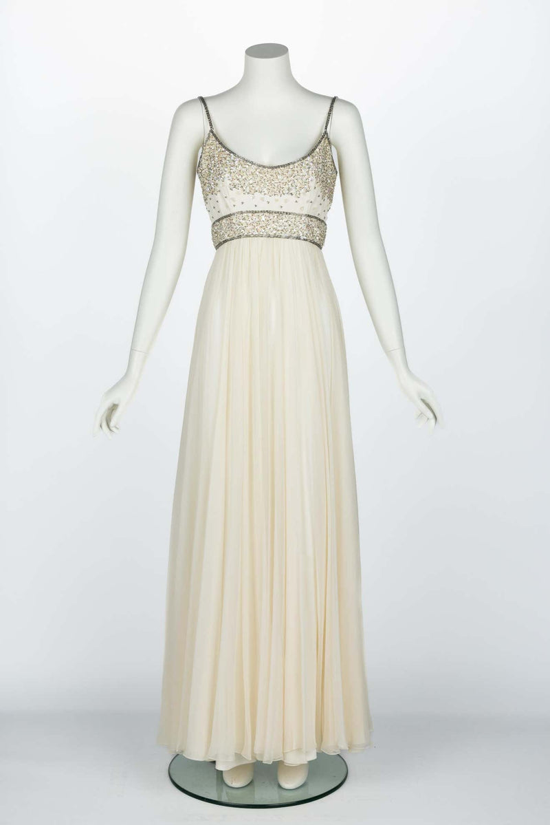 Alfred Bosand Ivory beaded Bodice Silk chiffon Gown, 1970s
