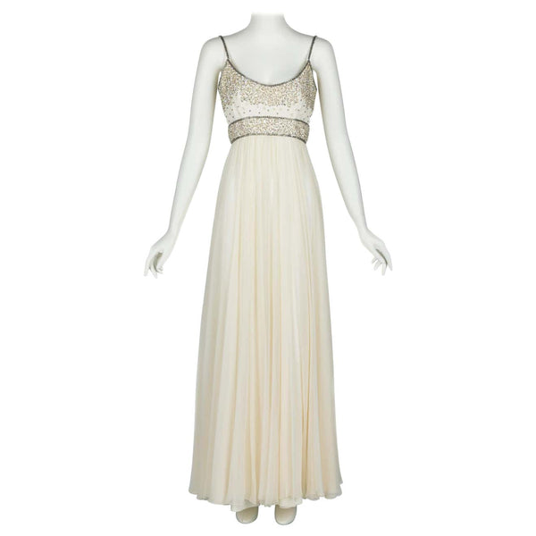 Alfred Bosand Ivory beaded Bodice Silk chiffon Gown, 1970s