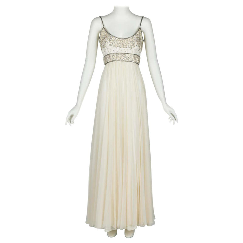 Alfred Bosand Ivory beaded Bodice Silk chiffon Gown, 1970s
