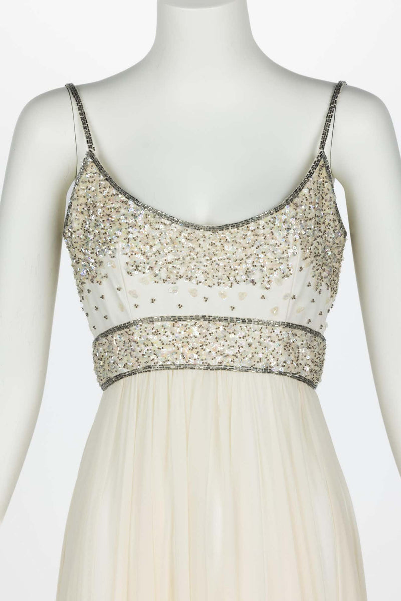 Alfred Bosand Ivory beaded Bodice Silk chiffon Gown, 1970s