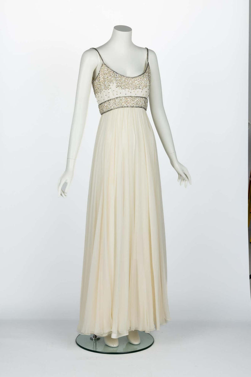 Alfred Bosand Ivory beaded Bodice Silk chiffon Gown, 1970s