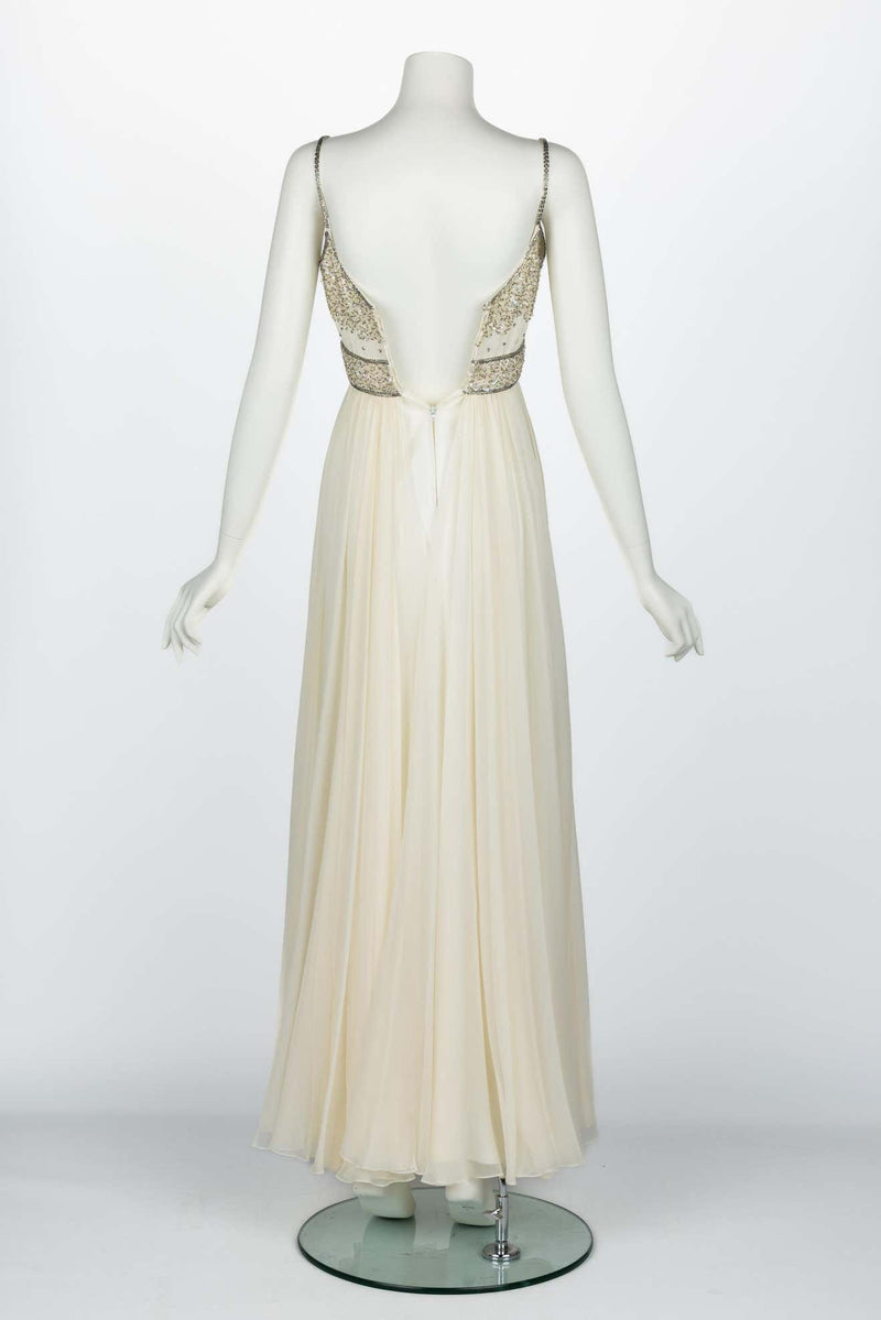Alfred Bosand Ivory beaded Bodice Silk chiffon Gown, 1970s