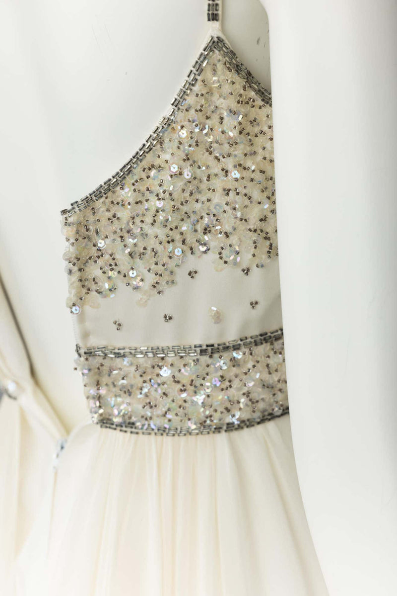 Alfred Bosand Ivory beaded Bodice Silk chiffon Gown, 1970s