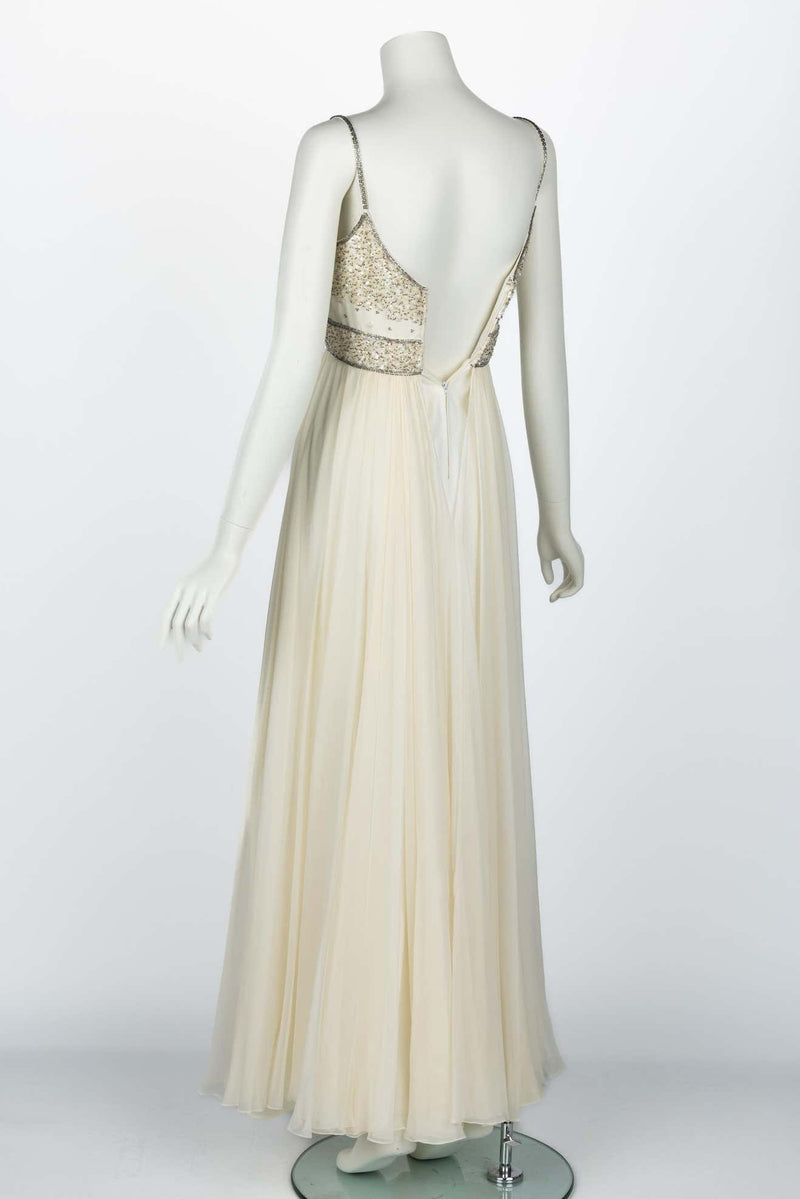 Alfred Bosand Ivory beaded Bodice Silk chiffon Gown, 1970s