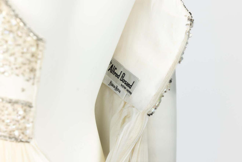 Alfred Bosand Ivory beaded Bodice Silk chiffon Gown, 1970s