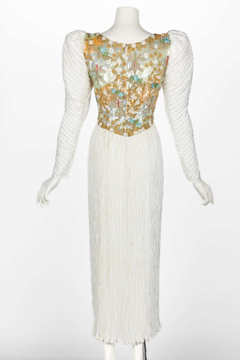 Vintage Mary McFadden Couture Dramatic Sleeves Beaded Bodice Ivory Pleated Gown