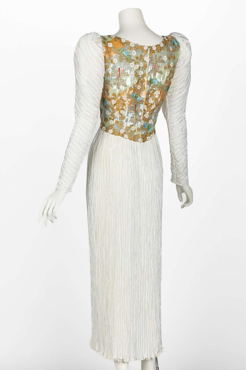 Vintage Mary McFadden Couture Dramatic Sleeves Beaded Bodice Ivory Pleated Gown