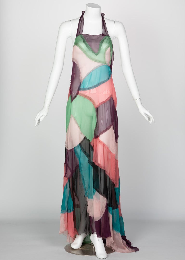 Alberta Ferretti Silk Chiffon Patchwork Open back Halter Gown, 2005