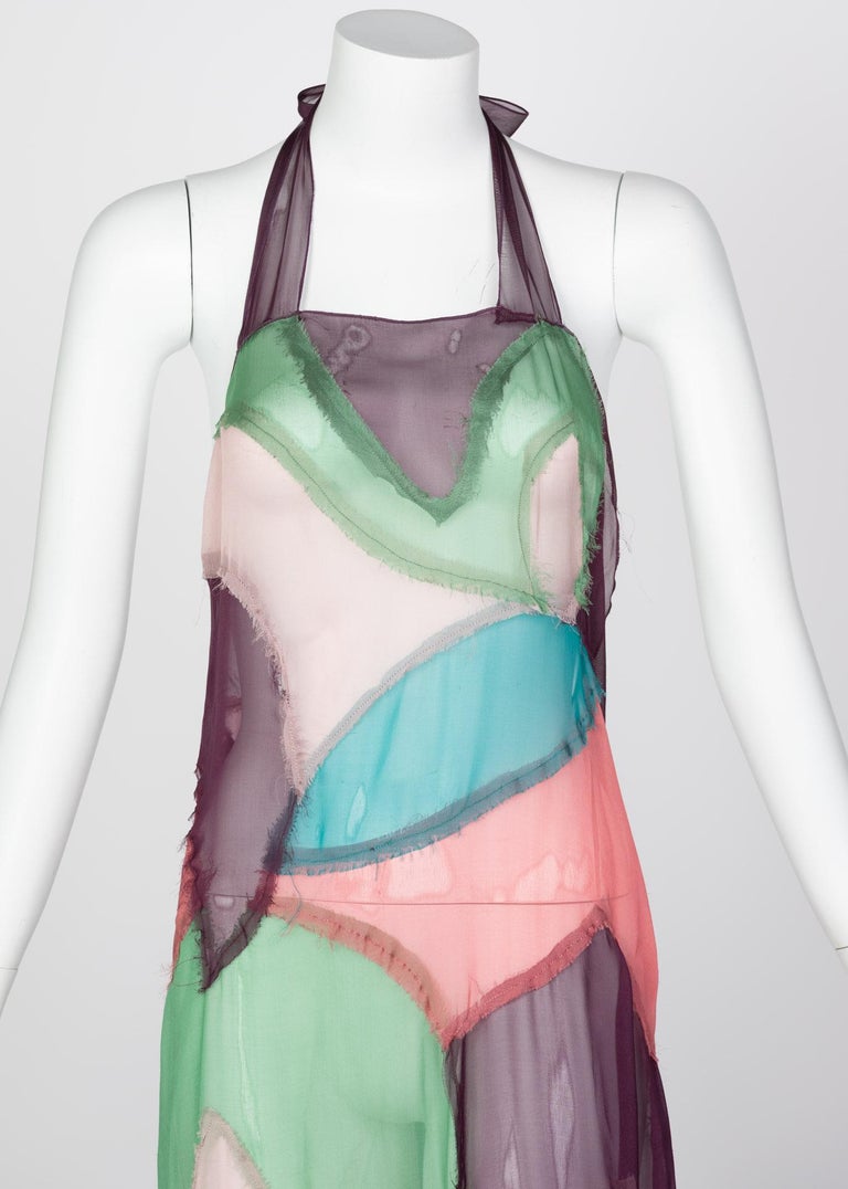 Alberta Ferretti Silk Chiffon Patchwork Open back Halter Gown, 2005