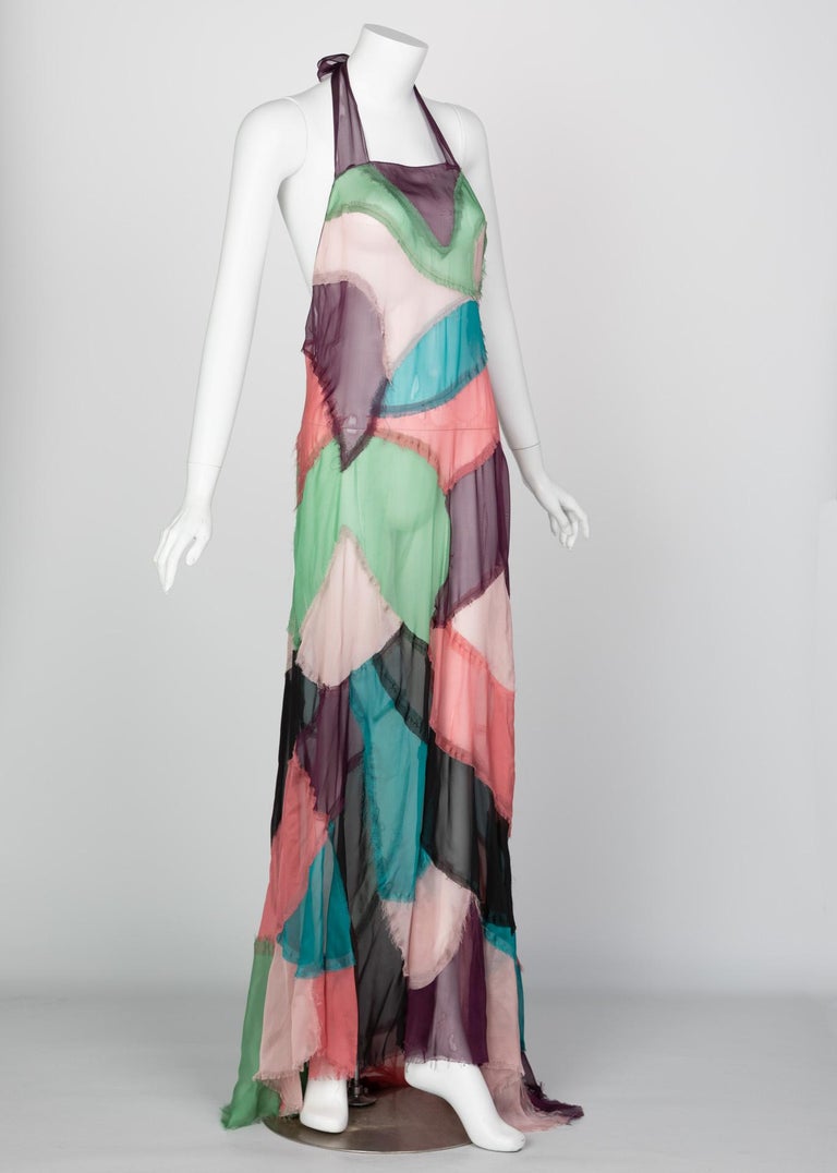 Alberta Ferretti Silk Chiffon Patchwork Open back Halter Gown, 2005