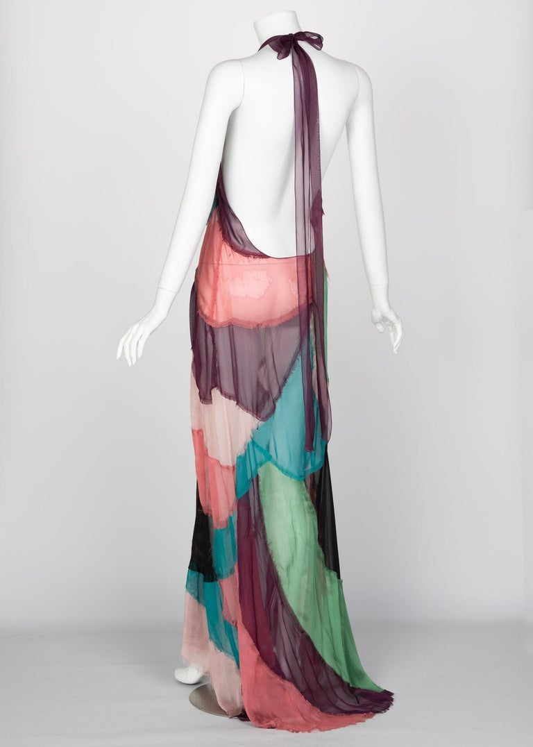 Alberta Ferretti Silk Chiffon Patchwork Open back Halter Gown, 2005