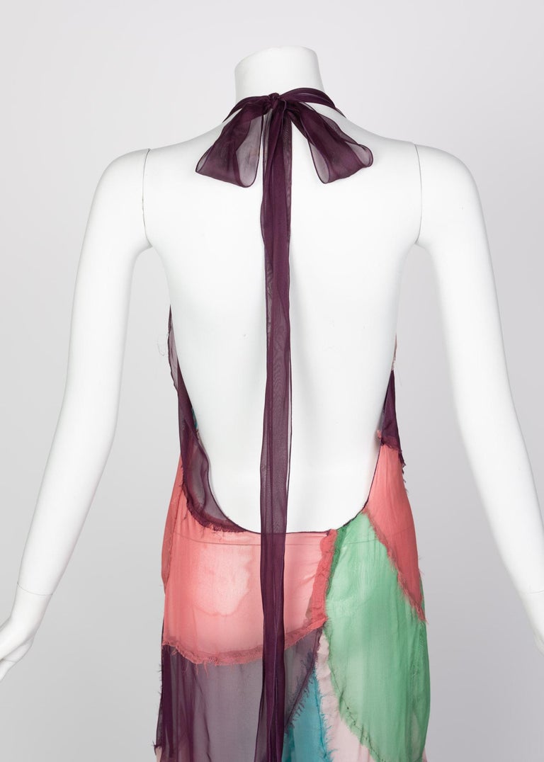 Alberta Ferretti Silk Chiffon Patchwork Open back Halter Gown, 2005