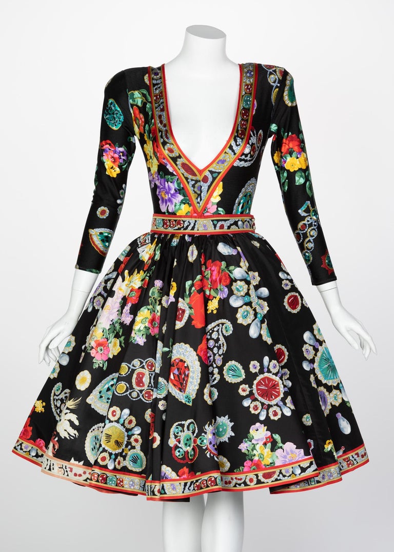 Vintage Leonard Paris Vibrant Jewel Print Silk Dress Ensemble