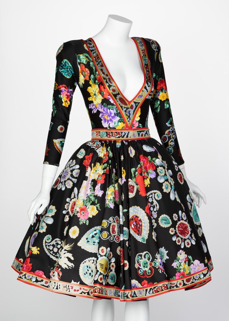 Vintage Leonard Paris Vibrant Jewel Print Silk Dress Ensemble