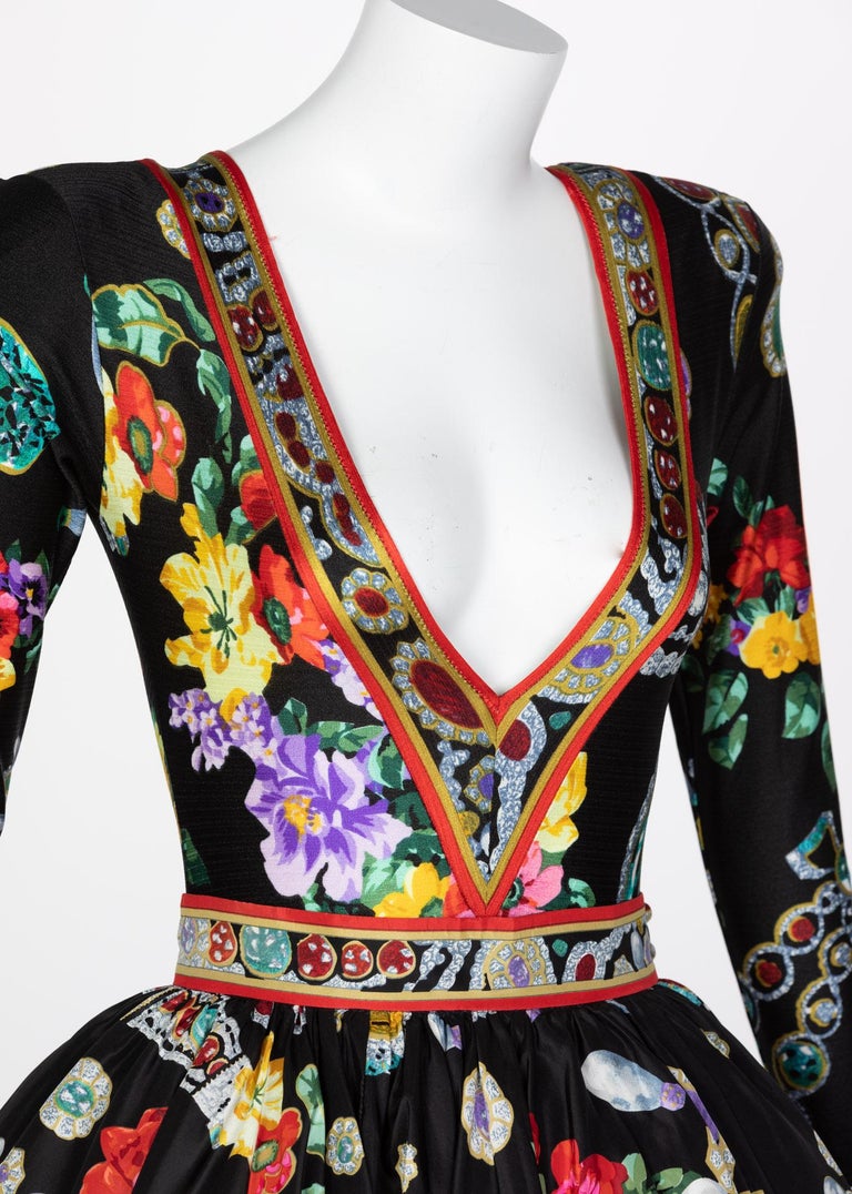 Vintage Leonard Paris Vibrant Jewel Print Silk Dress Ensemble