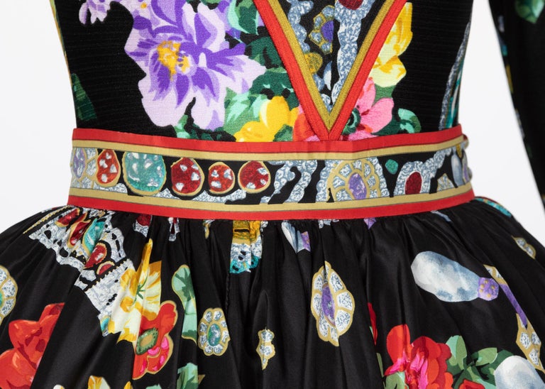 Vintage Leonard Paris Vibrant Jewel Print Silk Dress Ensemble