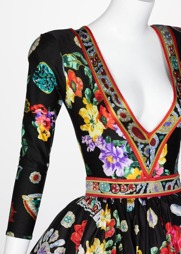 Vintage Leonard Paris Vibrant Jewel Print Silk Dress Ensemble