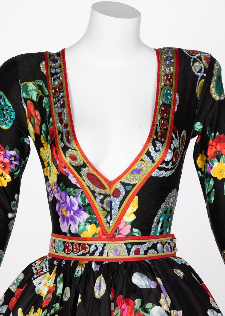 Vintage Leonard Paris Vibrant Jewel Print Silk Dress Ensemble