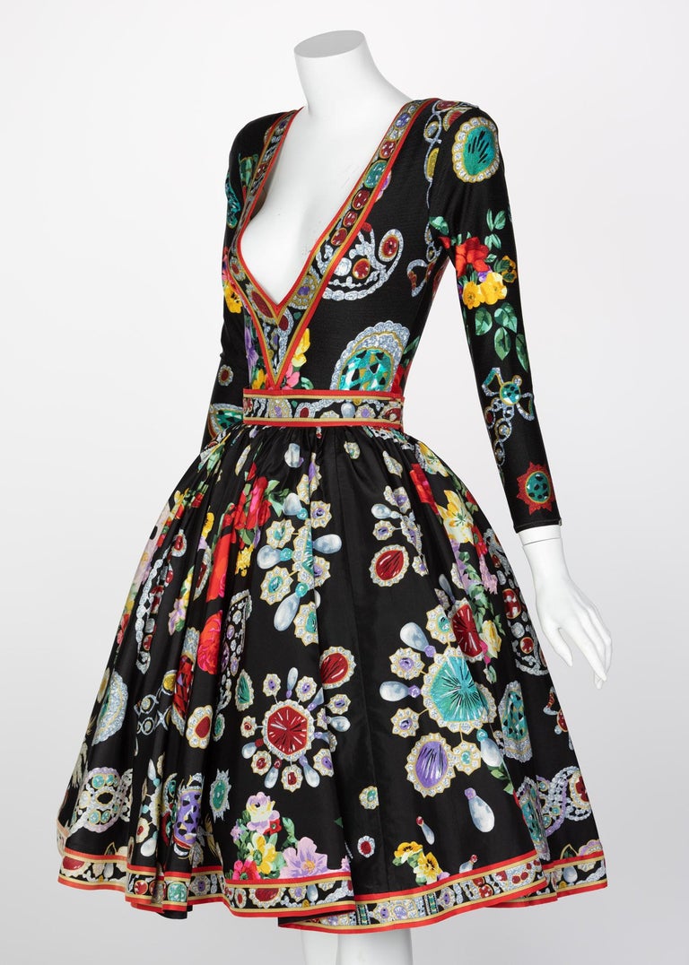 Vintage Leonard Paris Vibrant Jewel Print Silk Dress Ensemble