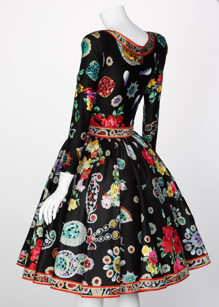 Vintage Leonard Paris Vibrant Jewel Print Silk Dress Ensemble