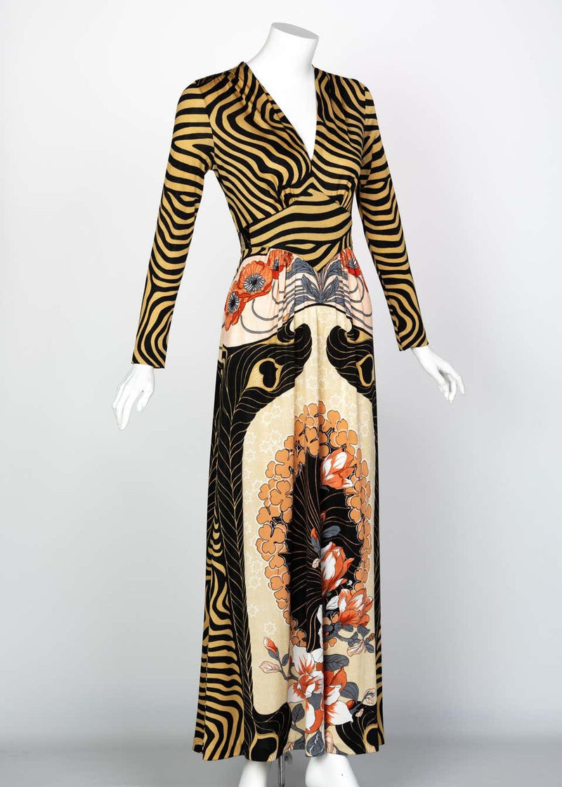 Mac Tac of Paris Jersey Print Maxi Dress, 1970s Basha Gold Mac Tac of Paris Jersey Print Maxi Dress, 1970s Basha Gold