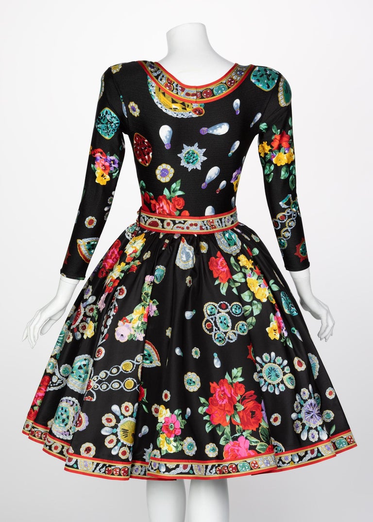 Vintage Leonard Paris Vibrant Jewel Print Silk Dress Ensemble
