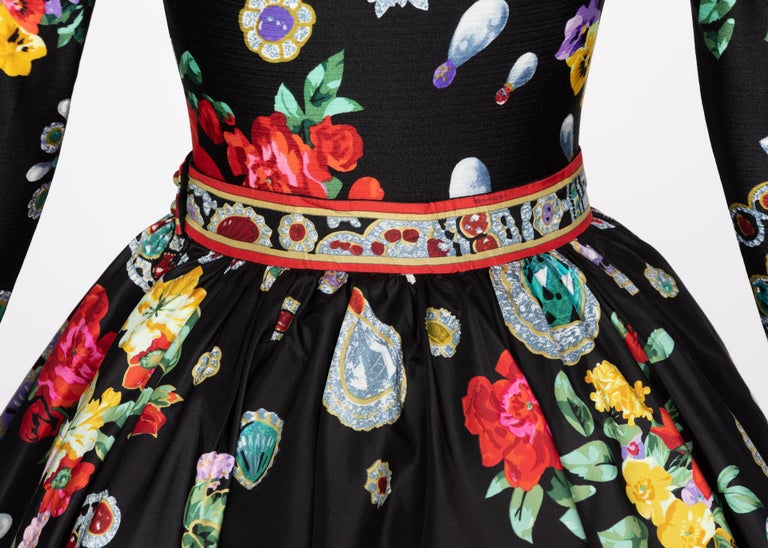 Vintage Leonard Paris Vibrant Jewel Print Silk Dress Ensemble