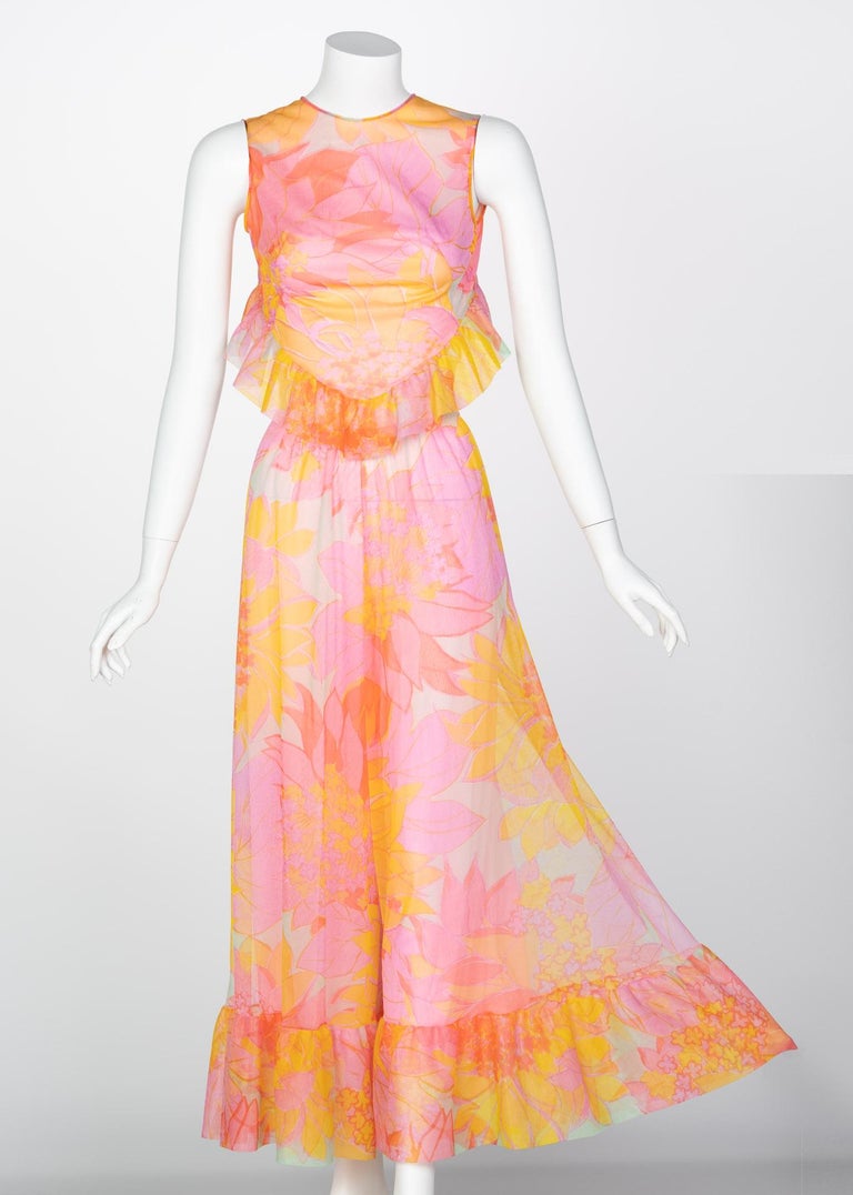 Pedro Rodriguez Floral Chiffon Beach Pajamas & Chiffon Cape, 1960s