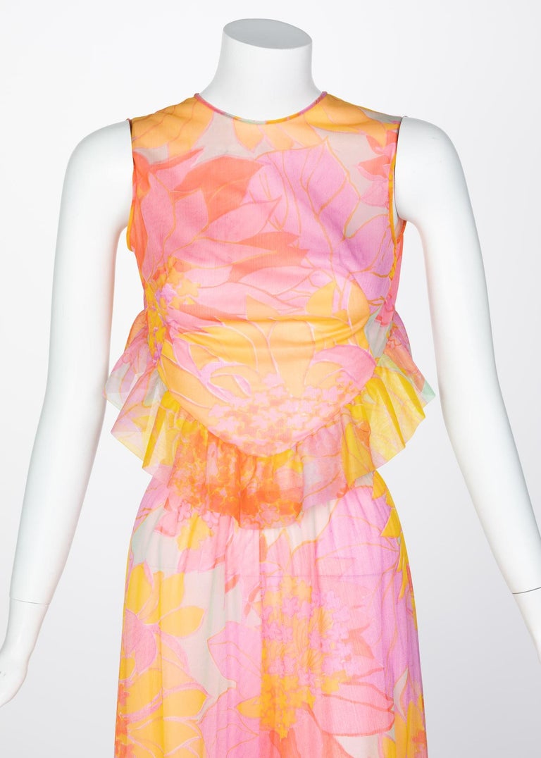 Pedro Rodriguez Floral Chiffon Beach Pajamas & Chiffon Cape, 1960s