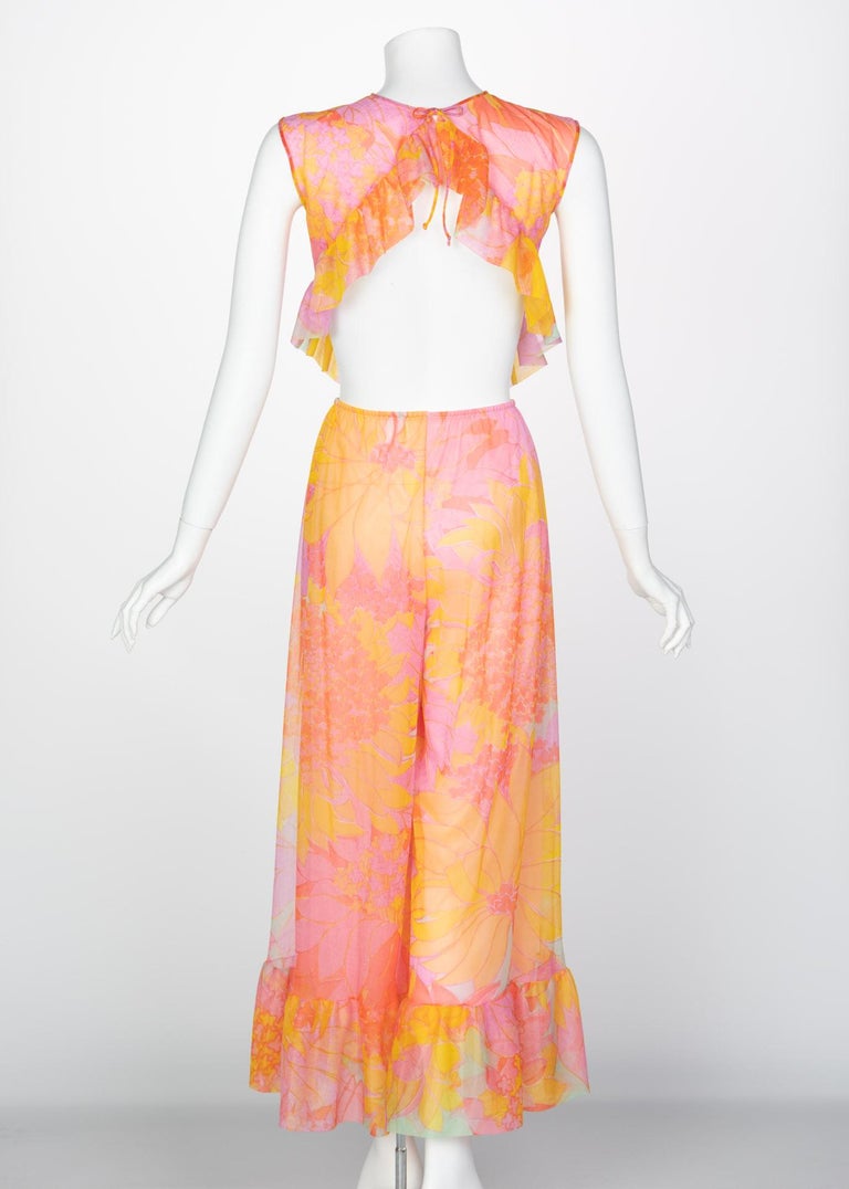 Pedro Rodriguez Floral Chiffon Beach Pajamas & Chiffon Cape, 1960s