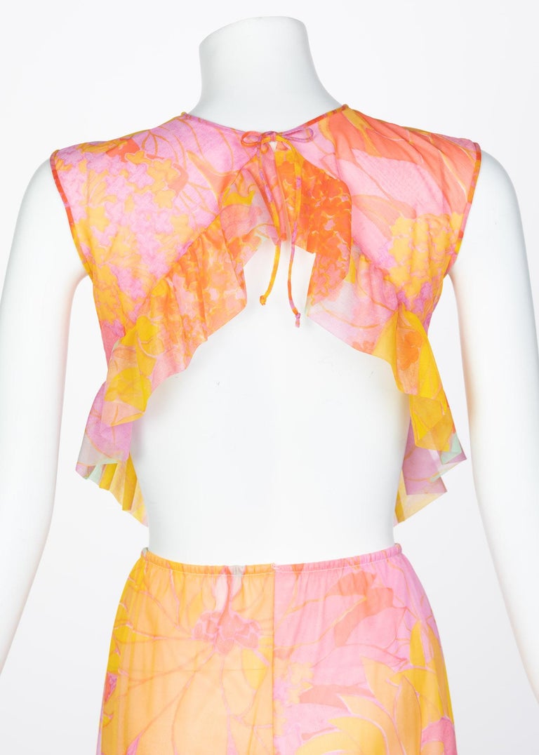 Pedro Rodriguez Floral Chiffon Beach Pajamas & Chiffon Cape, 1960s