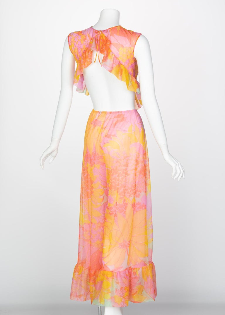 Pedro Rodriguez Floral Chiffon Beach Pajamas & Chiffon Cape, 1960s