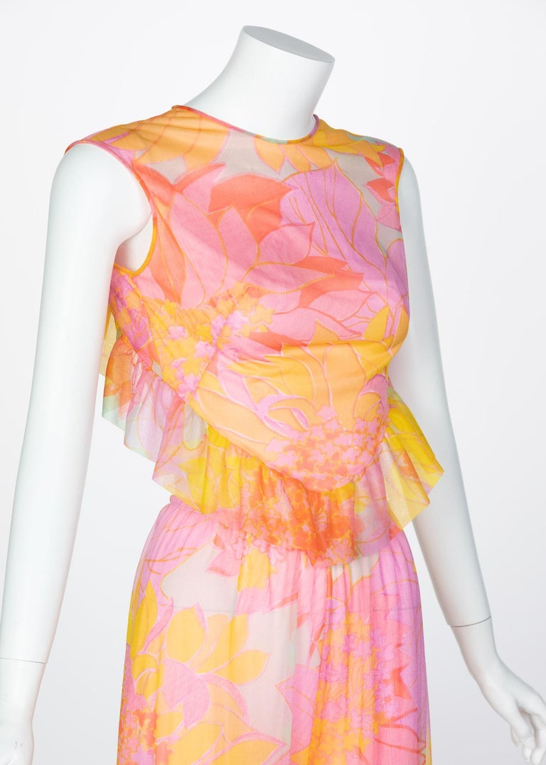 Pedro Rodriguez Floral Chiffon Beach Pajamas & Chiffon Cape, 1960s