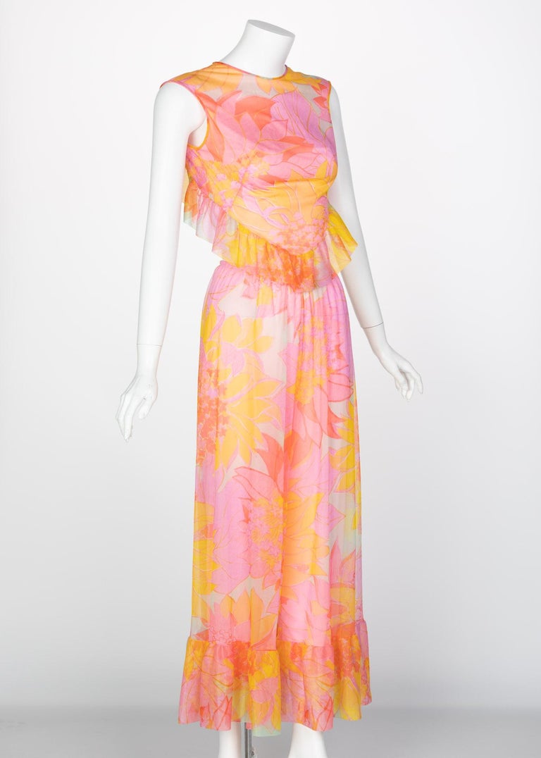 Pedro Rodriguez Floral Chiffon Beach Pajamas & Chiffon Cape, 1960s