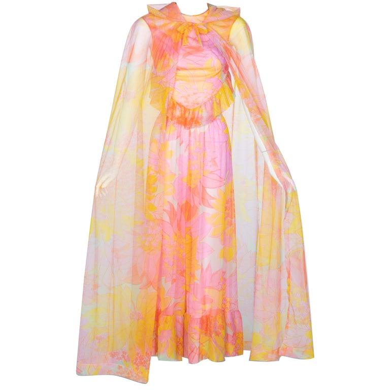 Pedro Rodriguez Floral Chiffon Beach Pajamas & Chiffon Cape, 1960s