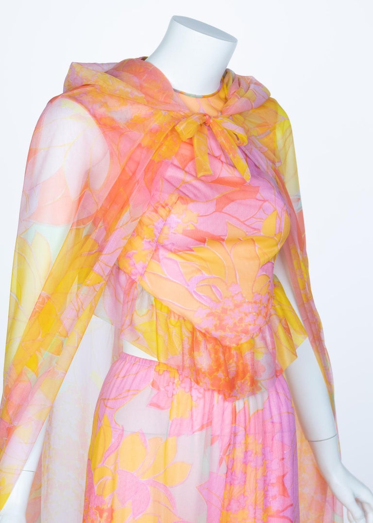 Pedro Rodriguez Floral Chiffon Beach Pajamas & Chiffon Cape, 1960s